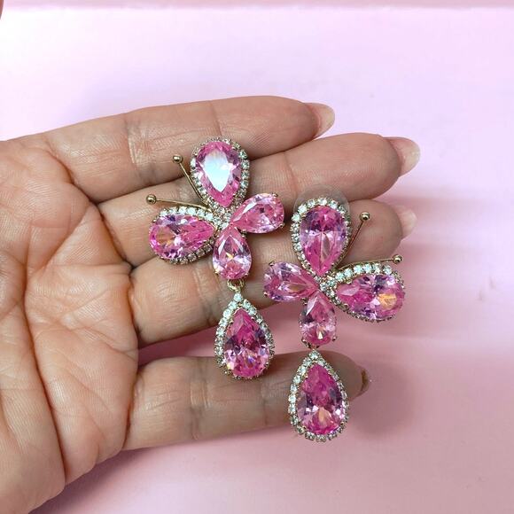 Statement Butterfly Earrings Candy Pink Zirconia Crystals - Picture 2 of 5